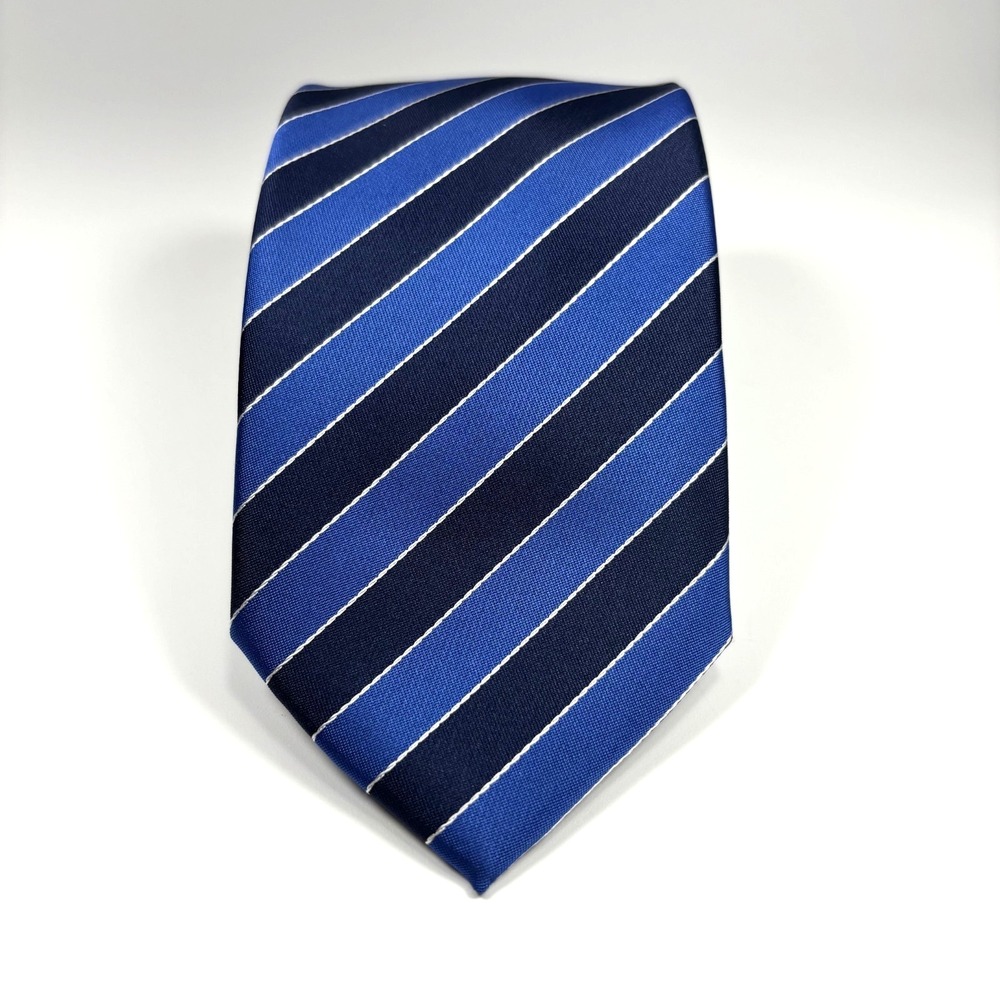 Firenze Mens Luxury Tie Blue w/ Navy & White Diagonal Stripes 100% Silk Repp 60" - Picture 2 of 5
